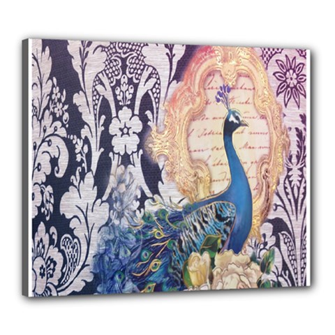 Damask French Scripts  Purple Peacock Floral Paris Decor Canvas 24  X 20  (framed) by chicelegantboutique