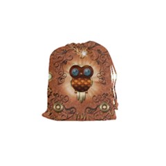 Steampunk, Funny Owl With Clicks And Gears Drawstring Pouches (small)  by FantasyWorld7