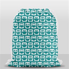 Teal And White Owl Pattern Drawstring Bag (small) by GardenOfOphir