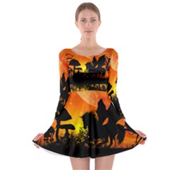 Beautiful Unicorn Silhouette In The Sunset Long Sleeve Skater Dress by FantasyWorld7
