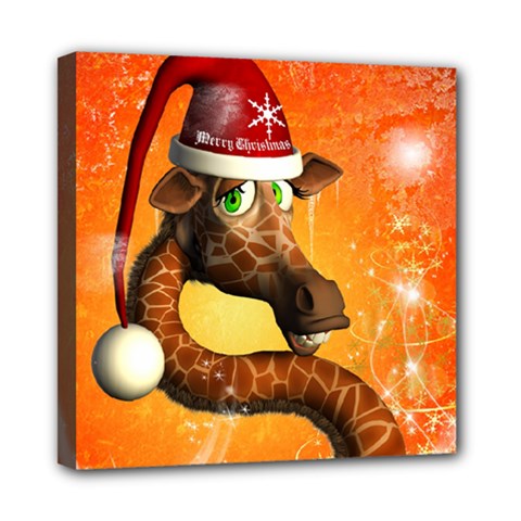 Funny Cute Christmas Giraffe With Christmas Hat Mini Canvas 8  X 8  by FantasyWorld7
