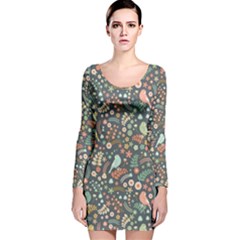 Vintage Flowers And Birds Pattern Long Sleeve Velvet Bodycon Dress by TastefulDesigns