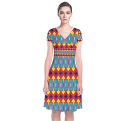 Rhombus And Other Shapes Pattern                           Short Sleeve Front Wrap Dress by LalyLauraFLM