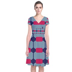 Red Blue Shapes Pattern                                                    Short Sleeve Front Wrap Dress by LalyLauraFLM