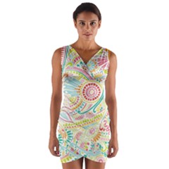 Hippie Flowers Pattern, Pink Blue Green, Zz0101 Wrap Front Bodycon Dress by Zandiepants