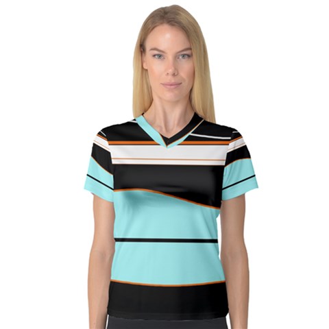 Cyan, Black And White Waves Women s V-neck Sport Mesh Tee by Valentinaart