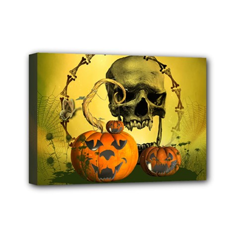Halloween, Funny Pumpkins And Skull With Spider Mini Canvas 7  X 5  by FantasyWorld7