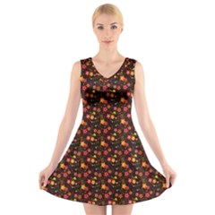 Exotic Colorful Flower Pattern  V-neck Sleeveless Skater Dress by Brittlevirginclothing