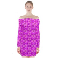 Pink Snowflakes Spinning In Winter Long Sleeve Off Shoulder Dress by DianeClancy