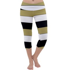 Black Brown Gold White Horizontal Stripes Elegant 8000 Sv Festive Stripe Capri Yoga Leggings by yoursparklingshop
