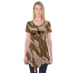 Background For Scrapbooking Or Other Beige And Brown Camouflage Patterns Short Sleeve Tunic  by Nexatart