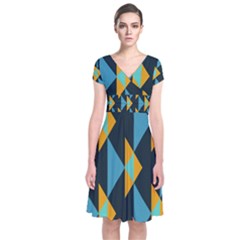 Yellow Blue Triangles Pattern                       Short Sleeve Front Wrap Dress by LalyLauraFLM