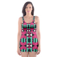 Green Pink Shapes                                 Skater Dress Swimsuit by LalyLauraFLM