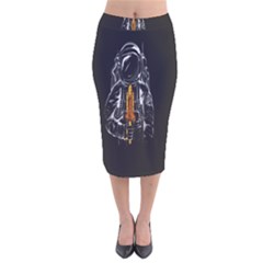 Humor Rocket Ice Cream Funny Astronauts Minimalistic Black Background Velvet Midi Pencil Skirt by Simbadda