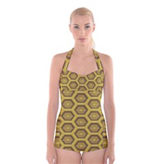 Golden 3d Hexagon Background Boyleg Halter Swimsuit  by Amaryn4rt