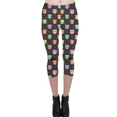 Black Pattern With Colorful Owls On Dark Capri Leggings by CoolDesigns