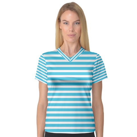 Horizontal Stripes Blue Women s V-neck Sport Mesh Tee by Mariart