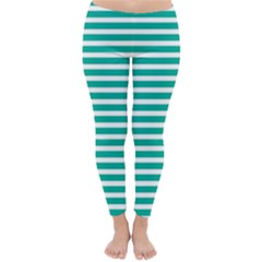 Horizontal Stripes Green Teal Classic Winter Leggings by Mariart