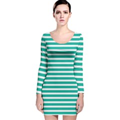 Horizontal Stripes Green Teal Long Sleeve Velvet Bodycon Dress by Mariart