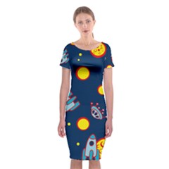 Rocket Ufo Moon Star Space Planet Blue Circle Classic Short Sleeve Midi Dress by Mariart
