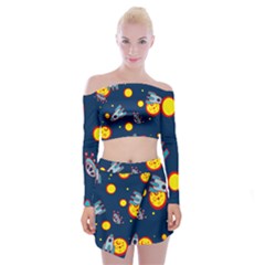 Rocket Ufo Moon Star Space Planet Blue Circle Off Shoulder Top With Skirt Set by Mariart