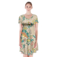 Hand Drawn Batik Floral Pattern Short Sleeve V-neck Flare Dress by TastefulDesigns