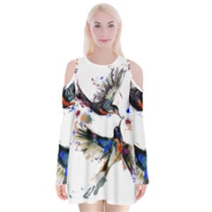  Colorful Love Birds Illustration With Splashes Of Paint Velvet Long Sleeve Shoulder Cutout Dress by TastefulDesigns