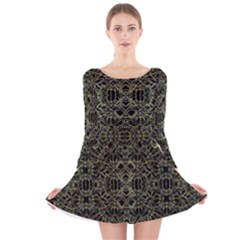 Golden Geo Tribal Pattern Long Sleeve Velvet Skater Dress by dflcprintsclothing