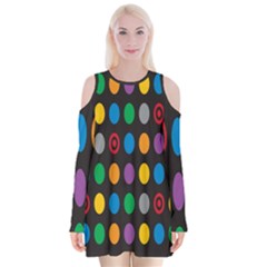 Polka Dots Rainbow Circle Velvet Long Sleeve Shoulder Cutout Dress by Mariart