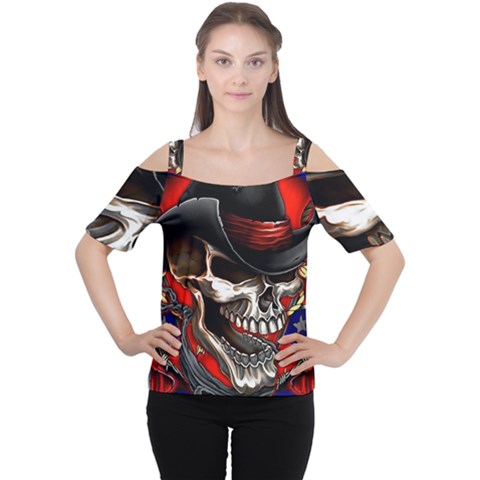 Confederate Flag Usa America United States Csa Civil War Rebel Dixie Military Poster Skull Cutout Shoulder Tee by BangZart