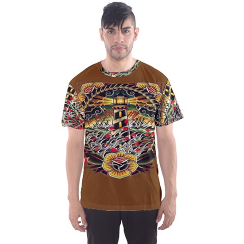 Tattoo Art Print Traditional Artwork Lighthouse Wave Men s Sports Mesh Tee by BangZart