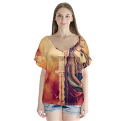 Fantasy Art Painting Magic Woman  V-neck Flutter Sleeve Top by paulaoliveiradesign