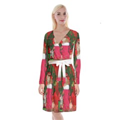 Christmas, Funny Kitten With Gifts Long Sleeve Velvet Front Wrap Dress by FantasyWorld7