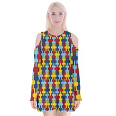 Fuzzle Red Blue Yellow Colorful Velvet Long Sleeve Shoulder Cutout Dress by Mariart