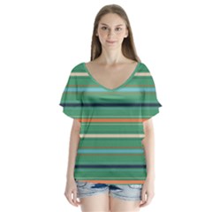 Horizontal Line Green Red Orange V-neck Flutter Sleeve Top by Mariart