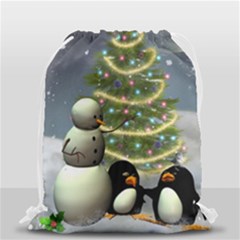 Funny Snowman With Penguin And Christmas Tree Drawstring Bag (small) by FantasyWorld7