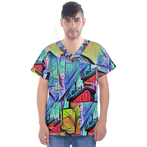 Magic Cube Abstract Art Men s V-neck Scrub Top by NouveauDesign