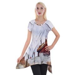 French Coffee Style Abstract Art Short Sleeve Side Drop Tunic by NouveauDesign