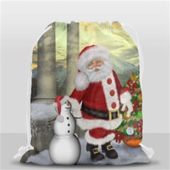 Sanata Claus With Snowman And Christmas Tree Drawstring Bag (small) by FantasyWorld7