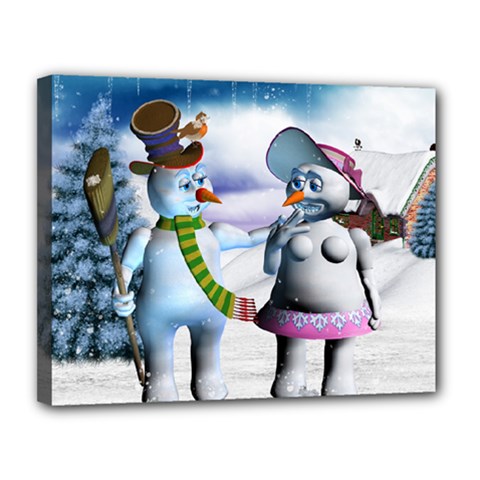 Funny, Cute Snowman And Snow Women In A Winter Landscape Canvas 14  X 11  by FantasyWorld7