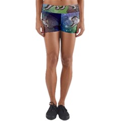 Wonderful Lion Silhouette On Dark Colorful Background Yoga Shorts by FantasyWorld7
