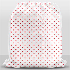 Small Christmas Red Polka Dot Hearts On Snow White Drawstring Bag (large) by PodArtist