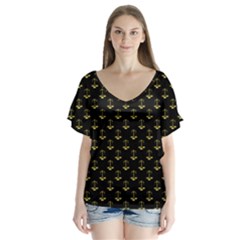 Gold Scales Of Justice On Black Repeat Pattern All Over Print  V-neck Flutter Sleeve Top by PodArtist