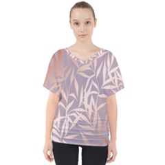 Rose Gold, Asian,leaf,pattern,bamboo Trees, Beauty, Pink,metallic,feminine,elegant,chic,modern,wedding V-neck Dolman Drape Top by NouveauDesign