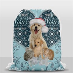 It s Winter And Christmas Time, Cute Kitten And Dogs Drawstring Bag (small) by FantasyWorld7