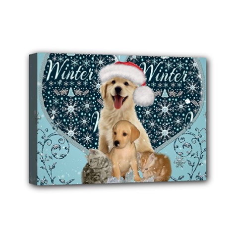 It s Winter And Christmas Time, Cute Kitten And Dogs Mini Canvas 7  X 5  by FantasyWorld7