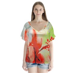 Fabric Texture Softness Textile V-neck Flutter Sleeve Top by Celenk
