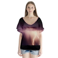 Storm Weather Lightning Bolt V-neck Flutter Sleeve Top by BangZart