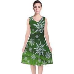 Christmas Star Ice Crystal Green Background V-neck Midi Sleeveless Dress  by BangZart