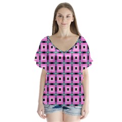 Pattern Pink Squares Square Texture V-neck Flutter Sleeve Top by BangZart